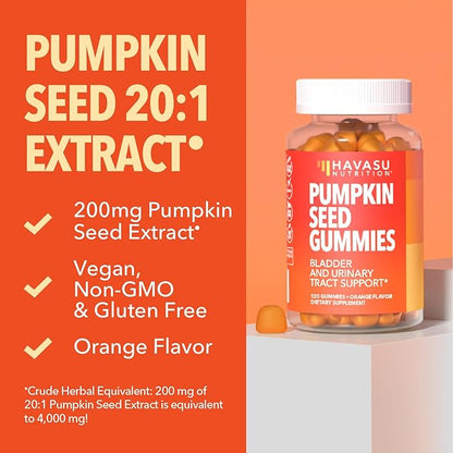 Pumpkin Seed Oil Gummies for Bladder and Urinary Tract Support - 200mg Pumpkin Seed Extract Per Serving - Vegan, Non-GMO, Gluten-Free - Sugar Free Pumpkin Seed Gummies - Orange Flavor, 60 Servings