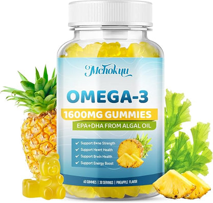 Vegan Omega-3 Gummies 1600mg EPA & DHA from Algal Oil, Fish Oil Alternative for Adults & Kids, Omega 3 Supplement with Vitamin D3 K2 for Brain, Eye & Immune Health Sugar Free Pineapple, 120 Count