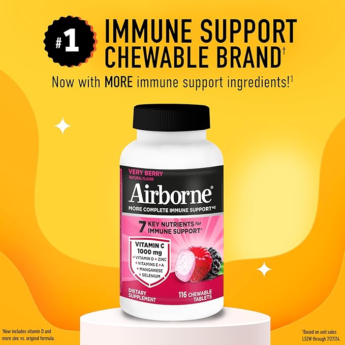 Airborne Vitamin C 1000mg (per Serving) - Very Berry Chewable Tablets (116 Count in a Bottle), Gluten-Free Immune Support Supplement, with Vitamins A C E, Zinc, Selenium, Ginger, Antioxidants