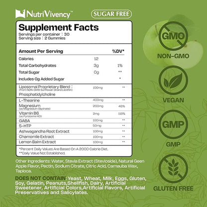 Liposomal L-Theanine Gummies, Sugar Free L Theanine 400mg Gummies Supplement for Adults & Kids, l'theanine Chewable for Relax & Improved Focus, Enhanced Absorption, Vegan, Green Apple Flavor, 60 Count