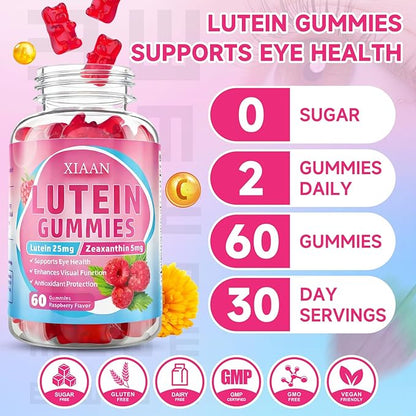 Lutein and Zeaxanthin Supplements, Lutein Gummies with Zeaxanthin,Vitamins A, C, E, Bilberry, Astaxanthin for Vision Health & Eye Strain, Sugar-Free/Vegan, Raspberry Flavor 120 Count
