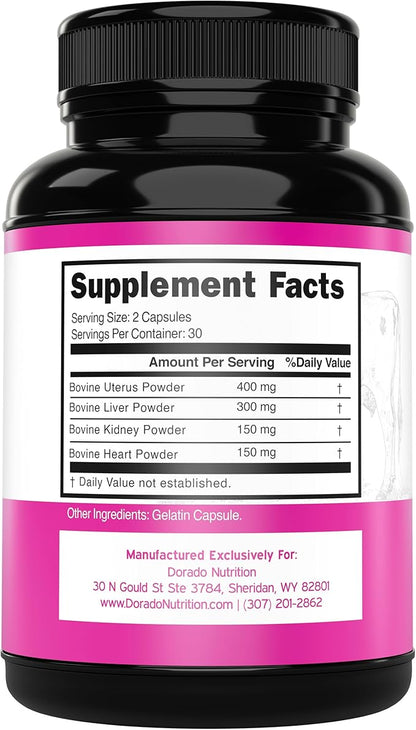 Beef Organ Supplement for Women - Grass Fed Beef Liver, Heart, Kidney & Uterus 1000mg Per Serving - Support Women's Energy & Overall Health - Third Party Tested & Non GMO - USA Made (60 Capsules)