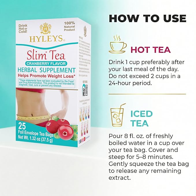 Hyleys Slim Tea Cranberry Flavor - Weight Loss Herbal Supplement Cleanse and Detox - 25 Tea Bags (6 Pack)