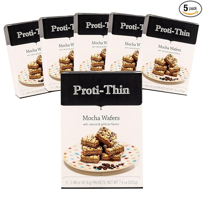 Proti-Thin High Protein Mocha Wafer Squares, 15g Protein, Low Calorie, Low Sugar, Aspartame Free, Diet Wafer Bars, Healthy Snack, 2 Wafers per Serving, 5 Count Box (6 Boxes - Save 10%)