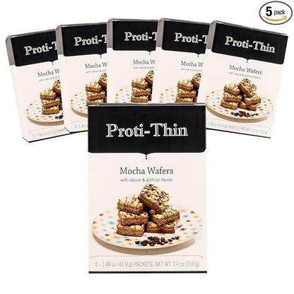 Proti-Thin High Protein Mocha Wafer Squares, 15g Protein, Low Calorie, Low Sugar, Aspartame Free, Diet Wafer Bars, Healthy Snack, 2 Wafers per Serving, 5 Count Box (6 Boxes - Save 10%)