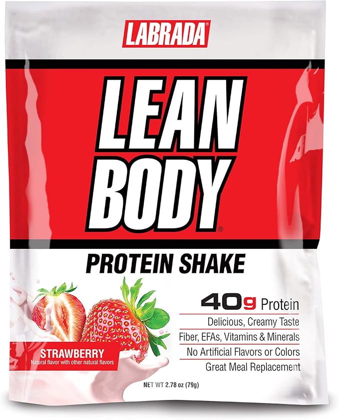 Lean Body All-in-One Strawberry Meal Replacement Shake. 40g Protein Whey Blend, 8g Healthy Fats & Fiber, 22 Vitamins and Minerals, No Artificial Color, Gluten Free, (80 MRP Packets)