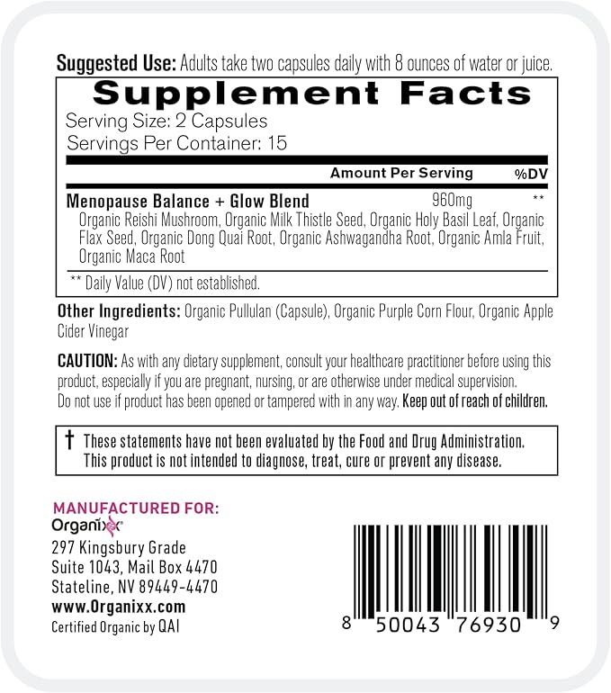 Organixx Menopause Balance + Glow, Womens Supplement with Ashwagandha, Reishi Mushroom, and Milk Thistle, Plant Based Adaptogens and Superfood Blend, Dairy, Soy & Gluten Free, Non GMO, 30 Capsules