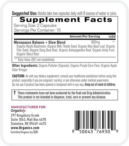 Organixx Menopause Balance + Glow, Womens Supplement with Ashwagandha, Reishi Mushroom, and Milk Thistle, Plant Based Adaptogens and Superfood Blend, Dairy, Soy & Gluten Free, Non GMO, 30 Capsules