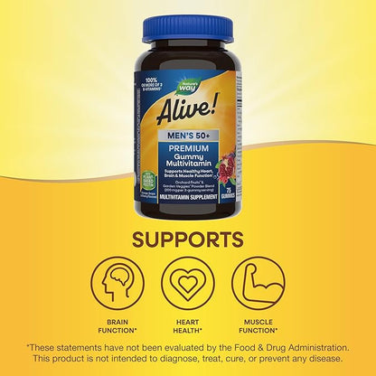 Nature's Way Alive! Men’s 50+ Premium Gummy Multivitamin, Supports Healthy Heart, Brain & Muscle Function*, B-Vitamins, Vegetarian, Grape, Orange and Cherry Flavored, 75 Gummies, (Pack of 2)