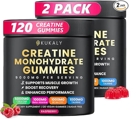 KUKALY Creatine Monohydrate Gummies for Men & Women, 9000MG Creatine Gummies Sugar Free with L-Taurine, BCAA 2:1, B12 B6 for Boost Strength, Focus & Endurance, Vegan, Non-GMO, Raspberry 120*2 Bottle