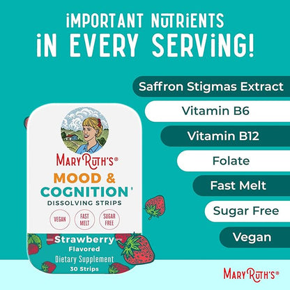 Mood & Cognition Dissolving Strips by MaryRuth's | Vitamin B12 | Vitamin B6 | Saffron | Folate | B Vitamins | Sugar Free | Strawberry Flavor | Vegan | Gluten Free | Dairy Free | 30 Count