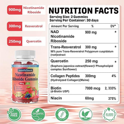 2 Pack NAD Resveratrol Supplement, Sugar Free 900mg Gummies with Quercetin, Collagen, Vitamin Support Anti Aging, Cell Regeneration, Energy Boost, Skin Improvement for Women Men