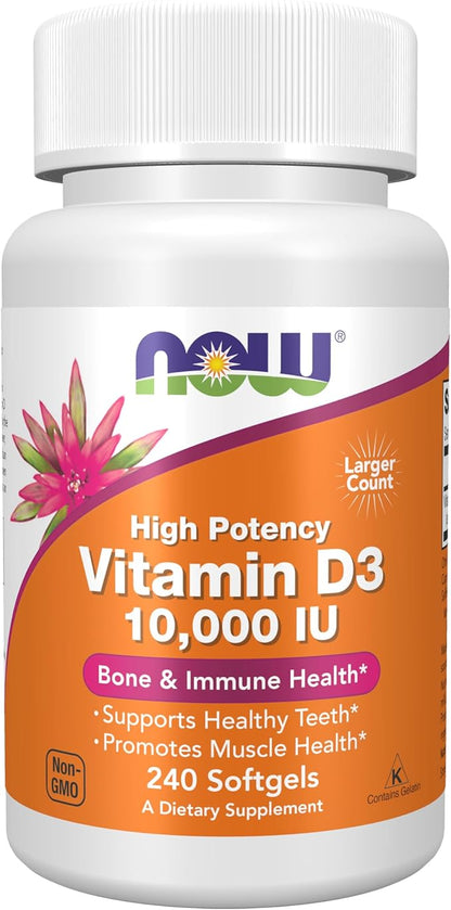 NOW Foods Supplements, Vitamin D-3 10,000 IU Softgels, Vitamin D, Joint Support, 240 Softgels