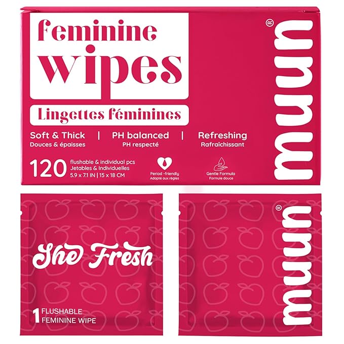 Muun Feminine Wipes Flushable Bulk - 120 Counts, Individual Vaginal Wipes Ph Balance, Anti Itch Deodorant Hygiene Wrapped Personal Cleansing - Wet Wipes for Intimate, Butt