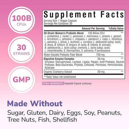 Probiotics for Women 30 Strains, 100 Billion CFU Vaginal Probiotics with Digestive Enzymes, Prebiotics & Cranberry for Urinary Tract Health, pH Balance, 30 Veggie Capsules