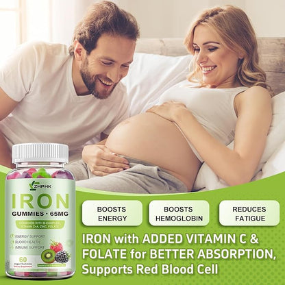 Iron Gummies for Women Men Vitamin Supplement 65mg & Vitamin C 250mg Per Serving with B6 B12 Folate- Energy Support for Iron Deficiency, Anemia, Vegan Raspberry Kiwi & Blackberry Flavor, 120 Gummies