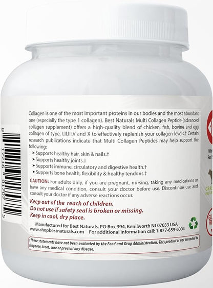 Best Naturals Multiple Collagen Peptides Protein Type I, II III, V & X Collagen unflavored 1 Pound - Grass Fed & Pasture Raised - Water Soluble - Easy to Mix