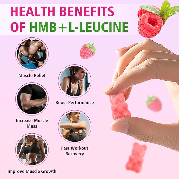 MEENCCD 2 Pack HMB and L-Leucine Gummies, HMB and Leucine Amino Acid for Muscle Growth, Muscle Maintenance, and Muscle Function, for Men & Women, Sugar-Free, Raspberry Flavor, 120 Count