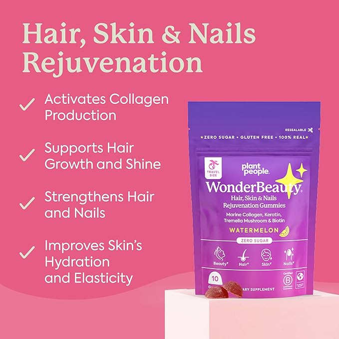 Plant People WonderBeauty Hair, Skin & Nails Rejuvenation Gummies with Tremella Mushroom, Collagen Peptides, Keratin, & Biotin – Watermelon Flavor, 10 Gummies