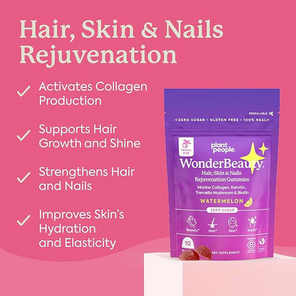 Plant People WonderBeauty Hair, Skin & Nails Rejuvenation Gummies with Tremella Mushroom, Collagen Peptides, Keratin, & Biotin – Watermelon Flavor, 10 Gummies