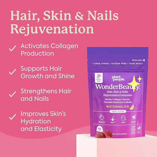 Plant People WonderBeauty Hair, Skin & Nails Rejuvenation Gummies with Tremella Mushroom, Collagen Peptides, Keratin, & Biotin – Watermelon Flavor, 10 Gummies
