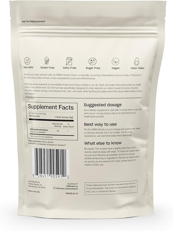 Pure MSM Powder | Organic Sulfur Powder for Skin, Hair, and Nails | Cellular Detox, Joint Health, Immune Boost, & Increased Energy | 99.9% Pure MSM Supplement | Made in the USA, 0g Sugar (64 Servings)