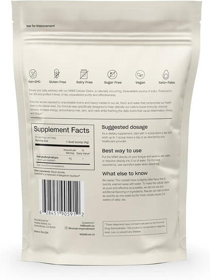 Pure MSM Powder | Organic Sulfur Powder for Skin, Hair, and Nails | Cellular Detox, Joint Health, Immune Boost, & Increased Energy | 99.9% Pure MSM Supplement | Made in the USA, 0g Sugar (64 Servings)
