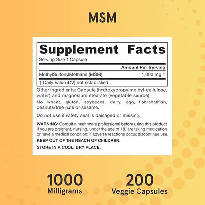 Jarrow Formulas MSM 1000 mg - 200 Veggie Capsules - Methylsulfonylmethane - Source of Sulfur - Dietary Supplement Supports & Strengthens Joints - Up to 200 Servings
