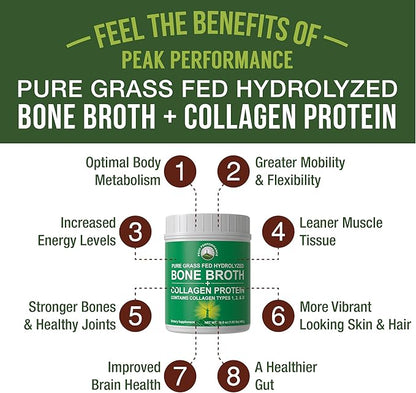 Peak Performance Hydrolyzed Bone Broth + Collagen Unflavored Protein Peptides Powder - Contains All Collagen Types: 1, 2, and 3 - Pure Pasture Raised Grass Fed, Paleo Friendly, Gluten + Dairy Free