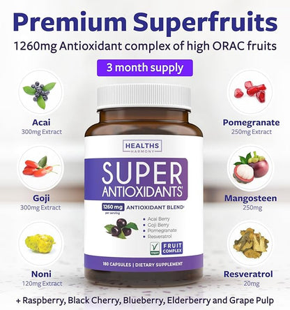 Super Antioxidants Supplement for Women & Men - High Potency Herbal & Fruit Blend with Acai, Goji, Pomegranate, Elderberry & Resveratrol for Skin Care & Immune Support - Vegan & Non-GMO - 180 Capsules
