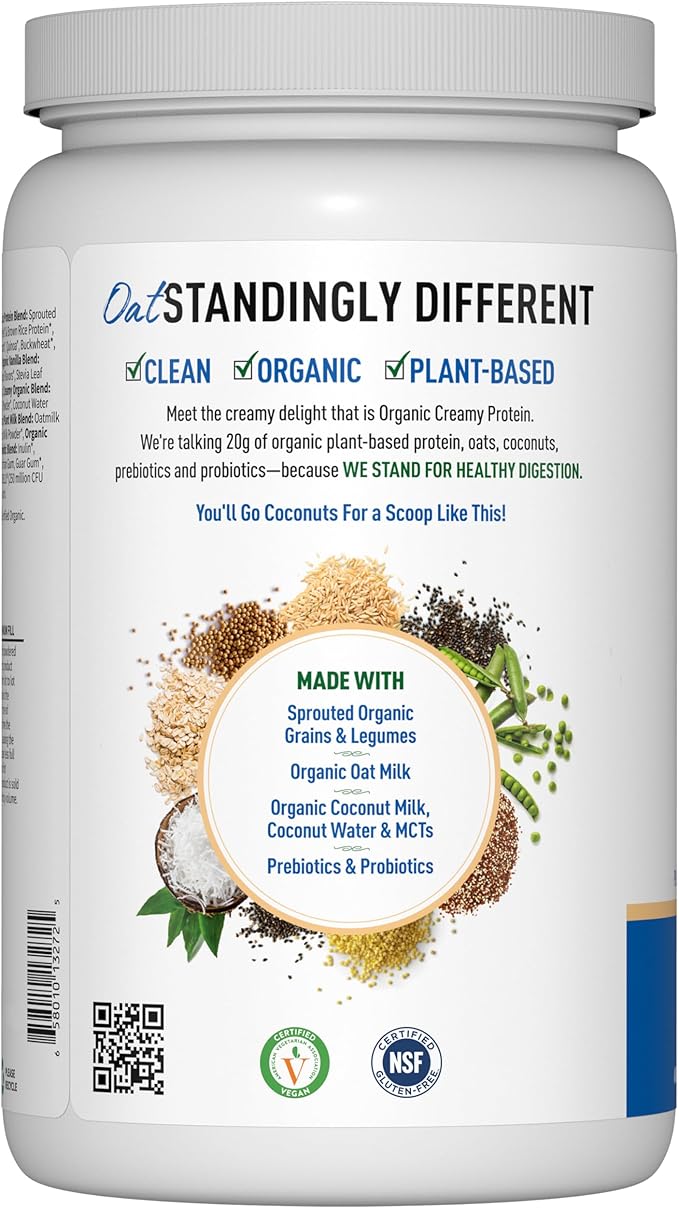 Garden of Life Creamy Plant Protein + Oat Milk Powder + Vanilla Flavor Vegan Protein Powder – Plant Based, Prebiotics & Probiotics, Gluten-Free, Non-GMO, Vanilla Cookie Flavor, 2 LBS
