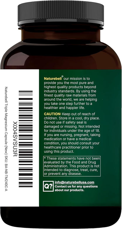 NatureBell Magnesium Complex for Women & Men 1,000mg Per Serving – 240 Capsules – Triple Magnesium Complex with Glycinate, Citrate & Malate – Chelated & Purified – Non‑GMO, Filler Free