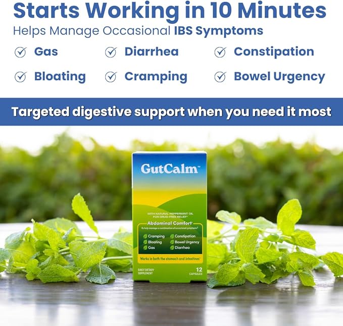 GutCalm - IBS Relief - Peppermint Oil Capsules - Bloating, Gas, Constipation and Digestive Comfort Supplement - 48/ct