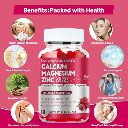 Calcium Magnesium Zinc Gummies with Vitamin D3 & K2 for Bone, Muscle & Immune Support - High Potency Enhanced Absorption - 60 Raspberry Gummies