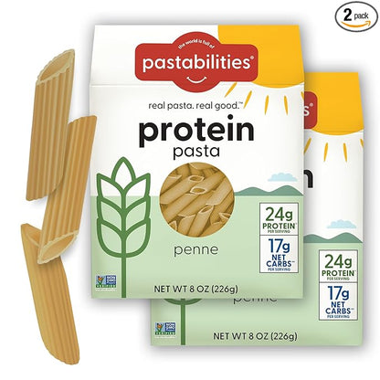 Pastabilities, Protein Pasta, Penne - 24g Protein & Low Carb, 17g Net Carbs - High Protein, Delicious Taste & Texture Non-GMO Plant-Based Pasta, Keto Friendly, Vegan (8 Ounce, 2 Pack)