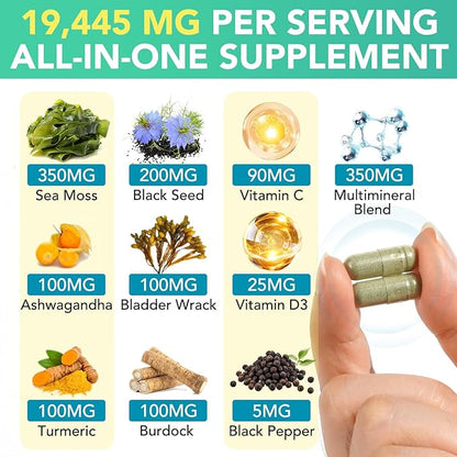 Sea Moss Black Seed Oil Ashwagandha Ginger, Sea Moss Capsule Supplement with Turmeric Burdock Root Bladderwrack Vitamin C Vitamin D3 Enhanced Immunity & Energy Black Seed Oil Capsule 60 Count