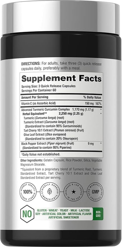 Horbäach Turmeric Curcumin Supplement | 180 Capsules | with Black Pepper & Tart Cherry | Non-GMO & Gluten Free