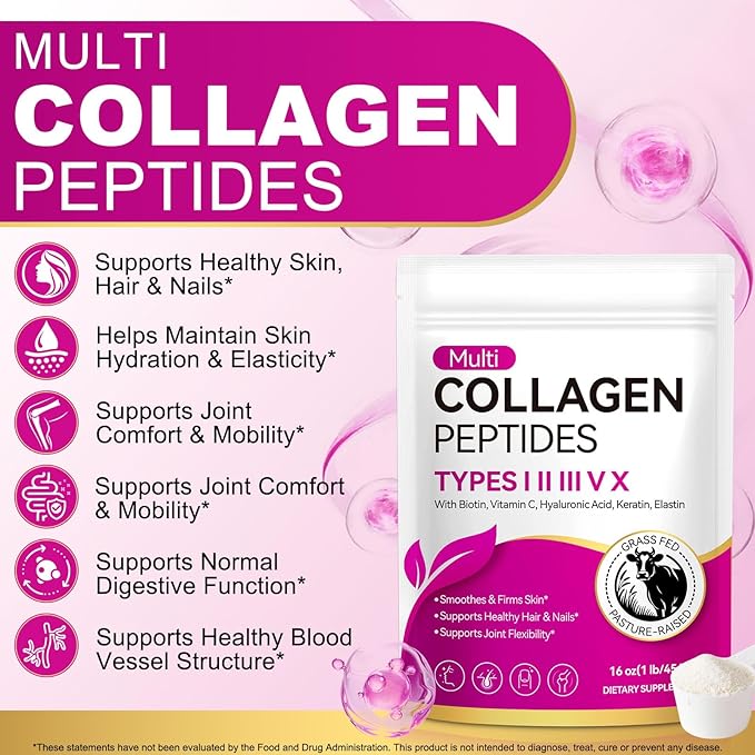 Multi Collagen Peptides Powder,Type I, II, III, V, X,with Biotin,Vitamin C,Hyaluronic Acid,Supports Healthy Joint, Hair, Skin & Nail Support,Grass-Fed, Non-GMO,16oz
