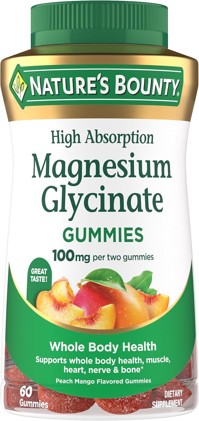 Nature’s Bounty High Absorption Magnesium Glycinate Gummies, 100 mg Magnesium Per Serving, Whole Body Health, No Stick Gummy, Peach Mango Flavor – Vegetarian & Gluten Free – 60 Count/30 Servings