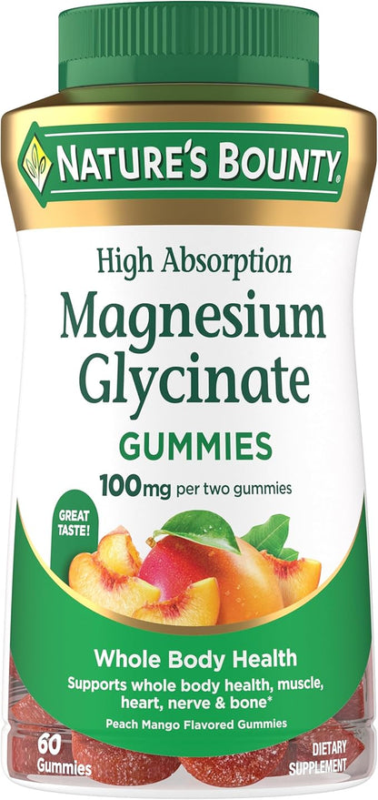 Nature’s Bounty High Absorption Magnesium Glycinate Gummies, 100 mg Magnesium Per Serving, Whole Body Health, No Stick Gummy, Peach Mango Flavor – Vegetarian & Gluten Free – 60 Count/30 Servings