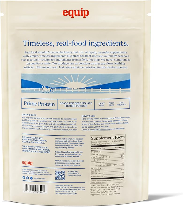Equip Foods Prime Protein Powder | Clean, Grass Fed Beef Protein Powder for Women & Men | Carnivore Protein Isolate | Paleo, Keto Friendly | Gluten & Dairy Free | 30 Servings, Chocolate Mint