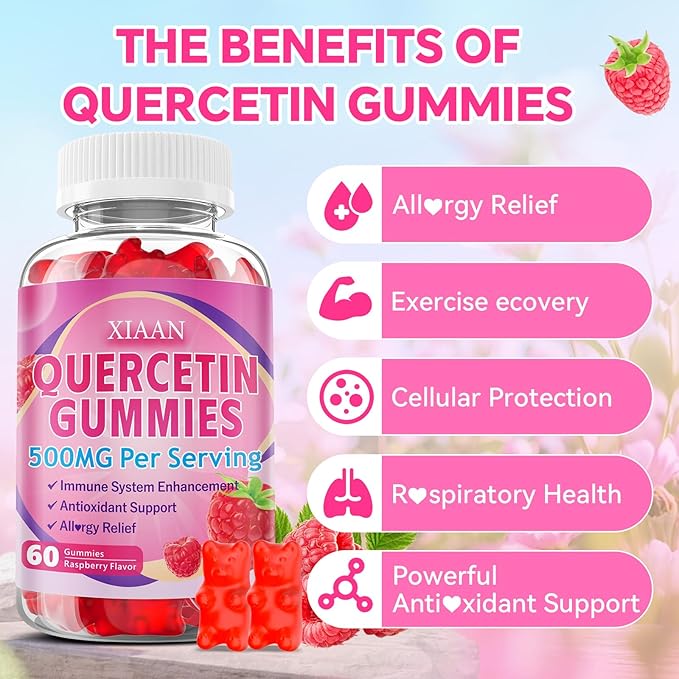 Quercetin Gummies 500mg for Kids & Adults, Organic Quercetin Supplements with Bromelain Zinc Vitamin C and D3 Support Antioxidant & Immune System Health, Raspberry Flavor 60 Count