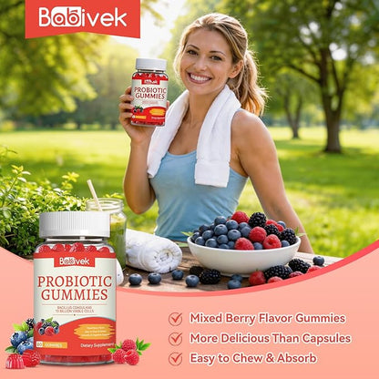 Probiotic Gummies 10 Billion CFU, Bacillus Coagulans for Digestive & Immune Support, Vegan, Non-GMO, Strawberry & Mixed Berry Flavor, 60 Count(Pack of 2)