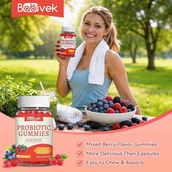 Probiotic Gummies 10 Billion CFU, Bacillus Coagulans for Digestive & Immune Support, Vegan, Non-GMO, Strawberry & Mixed Berry Flavor, 60 Count