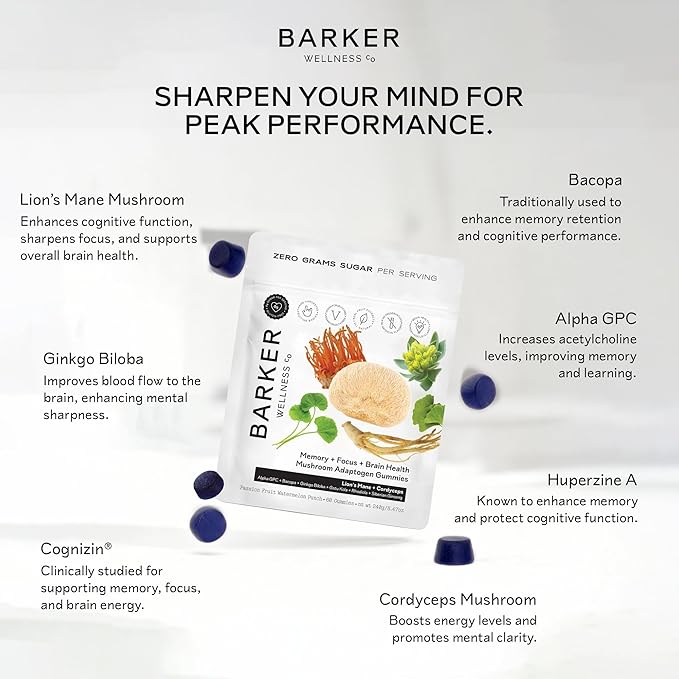 Barker Wellness Mushroom Adaptogen Gummies for Memory & Focus, Brain Health Supplement with Lion's Mane, Cordyceps, Cognizin, Nootropics, Vegan, Sugar-Free Passion Fruit Watermelon Flavor- 60 Count