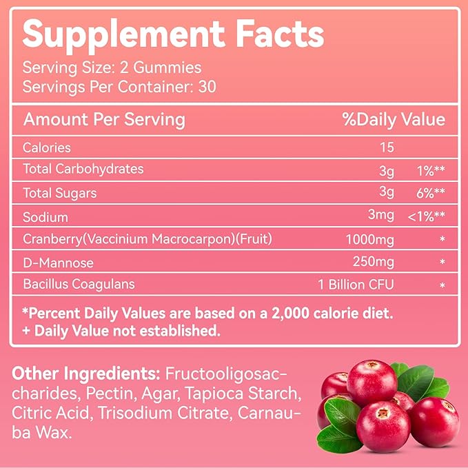 Cranberry Gummies 1000mg, Supplements for Women, with D-Mannose 250mg, Womens Probiotic Gummies, Urinary Tract Health, Cranberry Flavor, NO GMOs, 60 Count(Pack of 2)