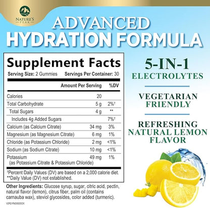 Hydration Electrolyte Gummies - Daily Liquid Replenisher Gummy - Electrolyte Multiplier with Minerals, Potassium & Real Salt - Vegan, Non-GMO - Tasty Lemon Flavor Hydration Electrolytes - 60 Gummies