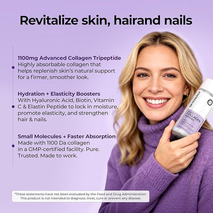OxyEnergy Collagen Peptides Capsules for Women, 1100mg Hydrolyzed Collagen Tripeptides(Type III) Supplements with Biotin and Vitamin C, 180 Collagen Pills to Promotes Hair, Nail, Skin, 2 Months Supply