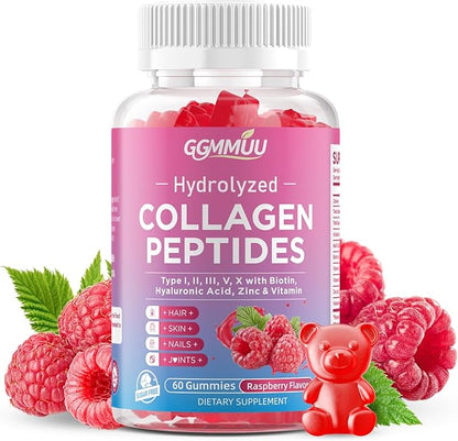 Collagen Peptide Gummies for Women & Men, Collagen Protein Type I,II,III,V,X with Biotin Vitamin C, D, Hydrolyzed Collagen Supplement for Skin, Hair, Nails, Raspberry Flavor, 60 Count