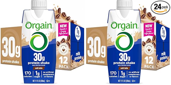Orgain 30g High Protein Shake,Café Latte,5g BCAAs,1g Sugar Per Serving,Caffeine from 1 Cup of Coffee,Milk Isolate,Meal Replacement,Ready to Drink,Keto Friendly,Gluten-Free 11 Fl Oz,(Pack of 24)